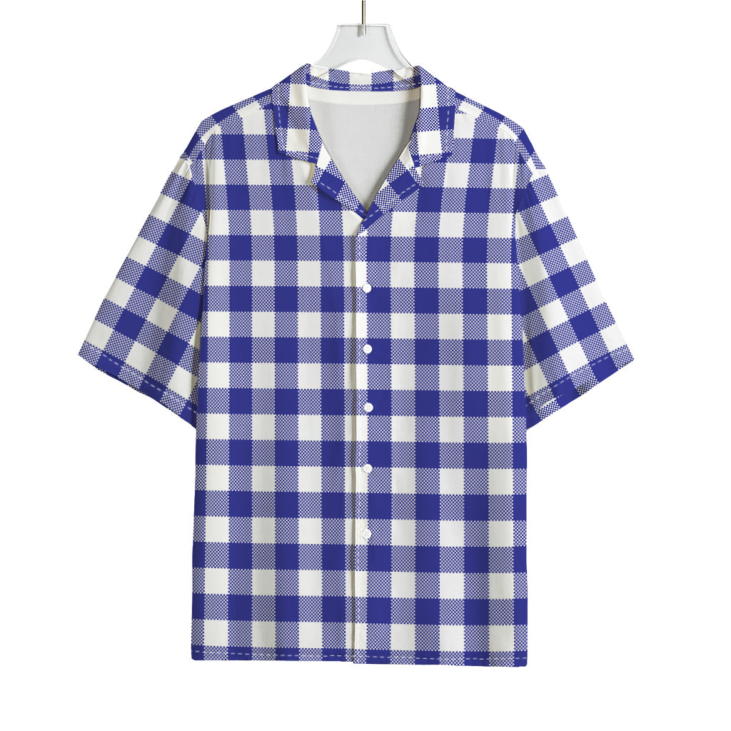 Indigo Blue And White Gingham Print Rayon Hawaiian Shirt