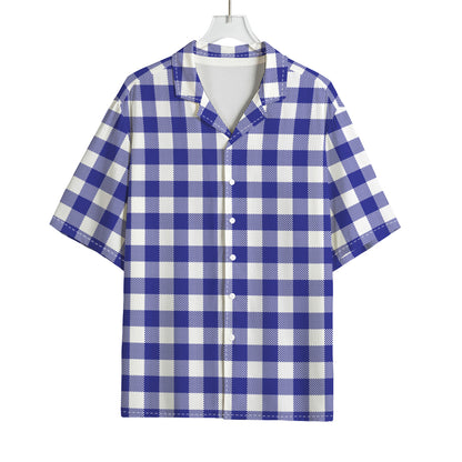 Indigo Blue And White Gingham Print Rayon Hawaiian Shirt
