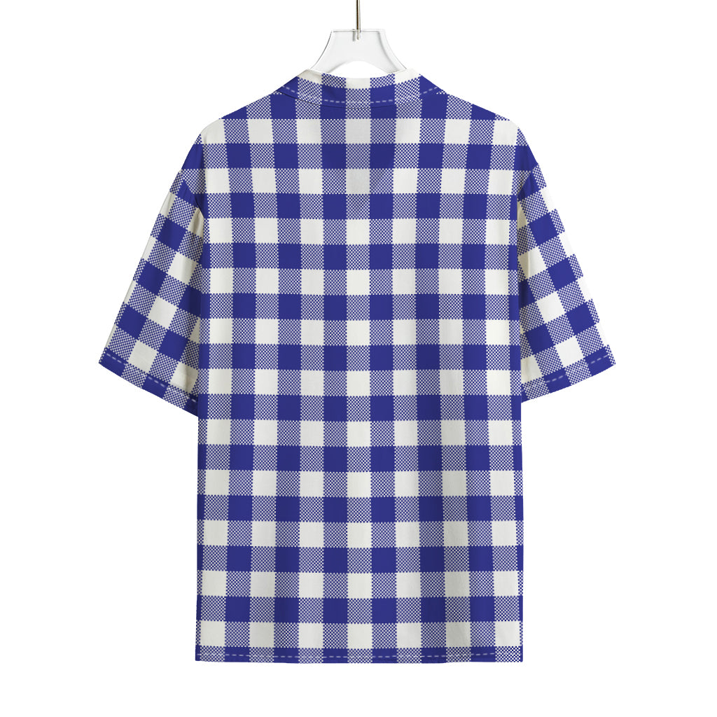 Indigo Blue And White Gingham Print Rayon Hawaiian Shirt