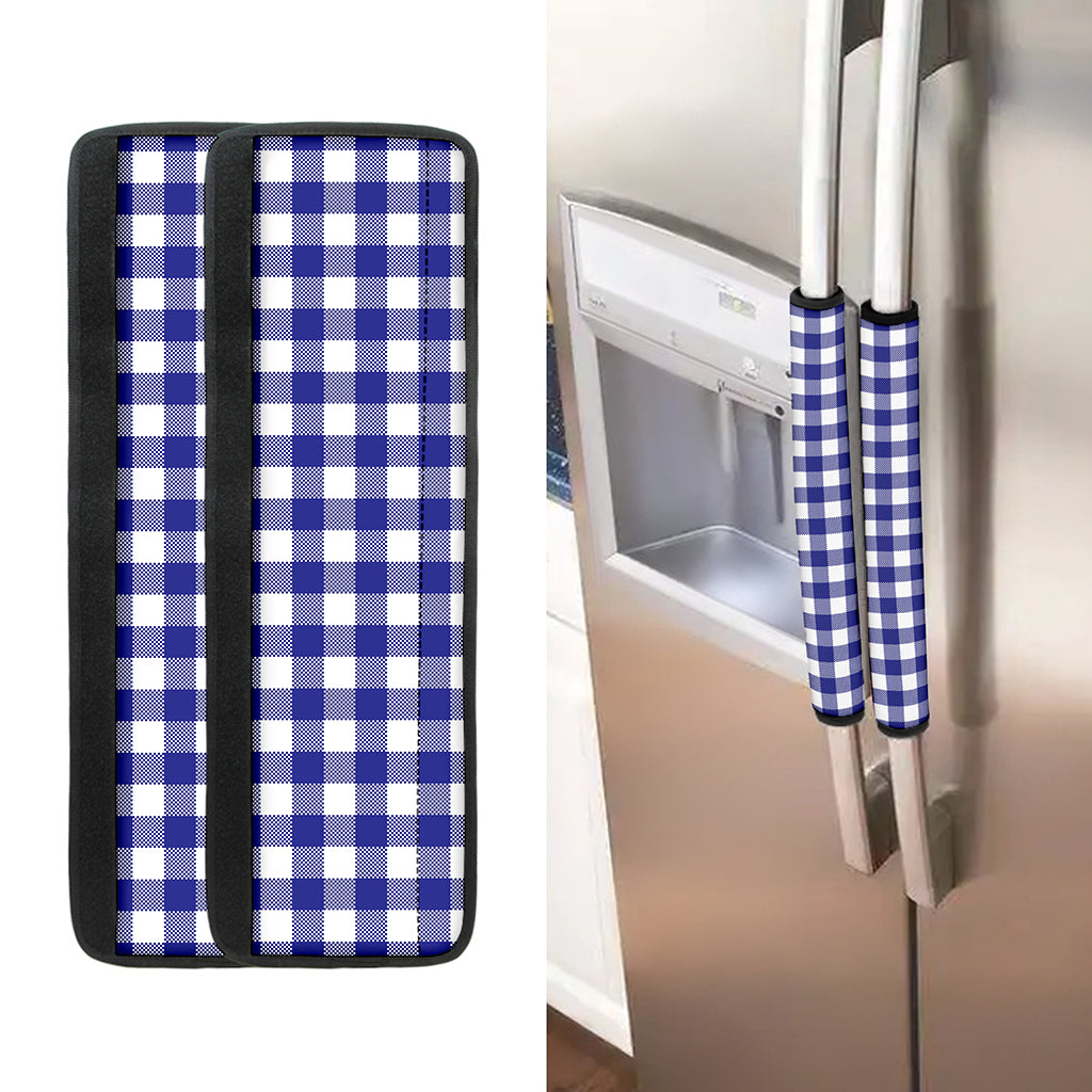 Indigo Blue And White Gingham Print Refrigerator Handle Covers