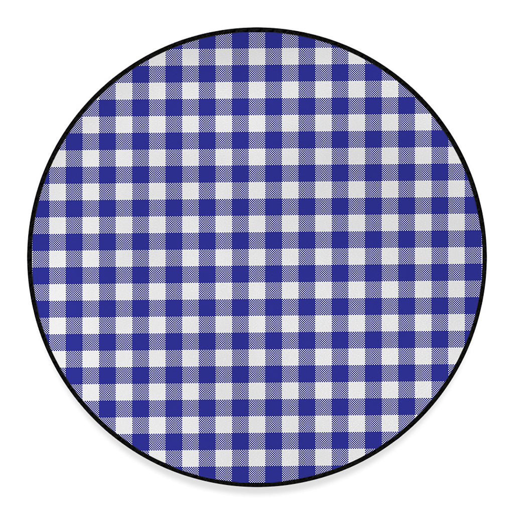 Indigo Blue And White Gingham Print Round Floor Mat