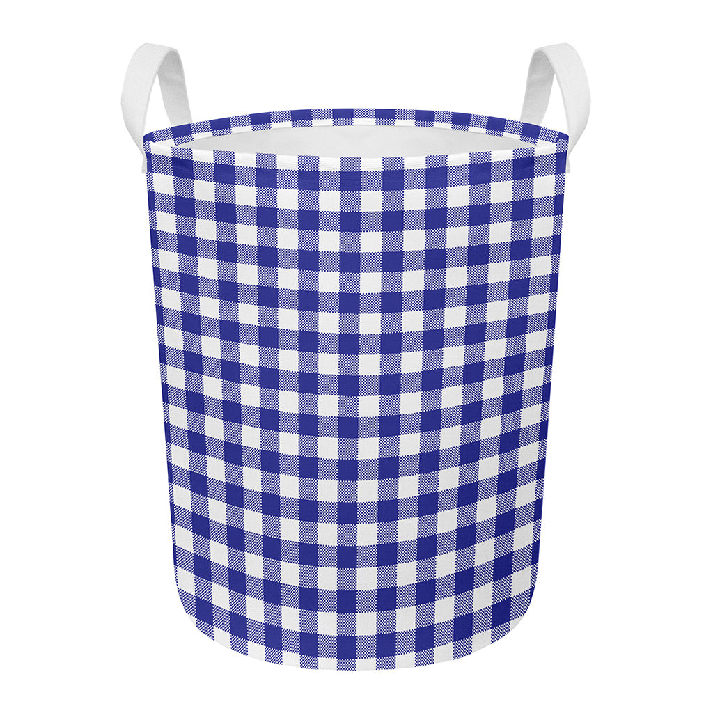Indigo Blue And White Gingham Print Round Laundry Basket