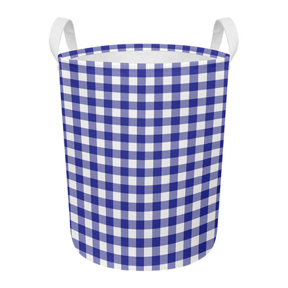 Indigo Blue And White Gingham Print Round Laundry Basket