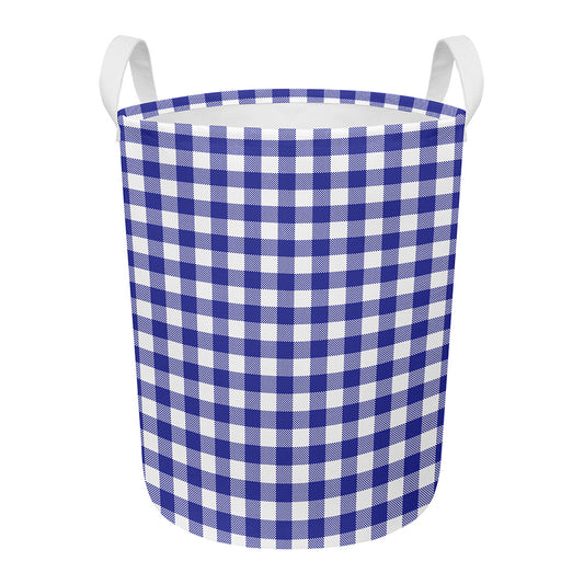Indigo Blue And White Gingham Print Round Laundry Basket