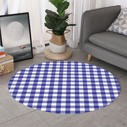 Indigo Blue And White Gingham Print Round Rug