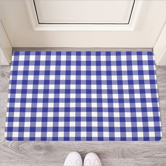 Indigo Blue And White Gingham Print Rubber Doormat