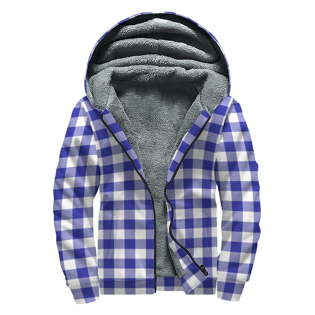 Indigo Blue And White Gingham Print Sherpa Lined Zip Up Hoodie