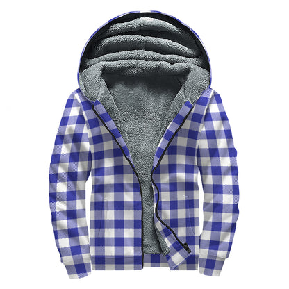 Indigo Blue And White Gingham Print Sherpa Lined Zip Up Hoodie