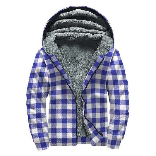 Indigo Blue And White Gingham Print Sherpa Lined Zip Up Hoodie