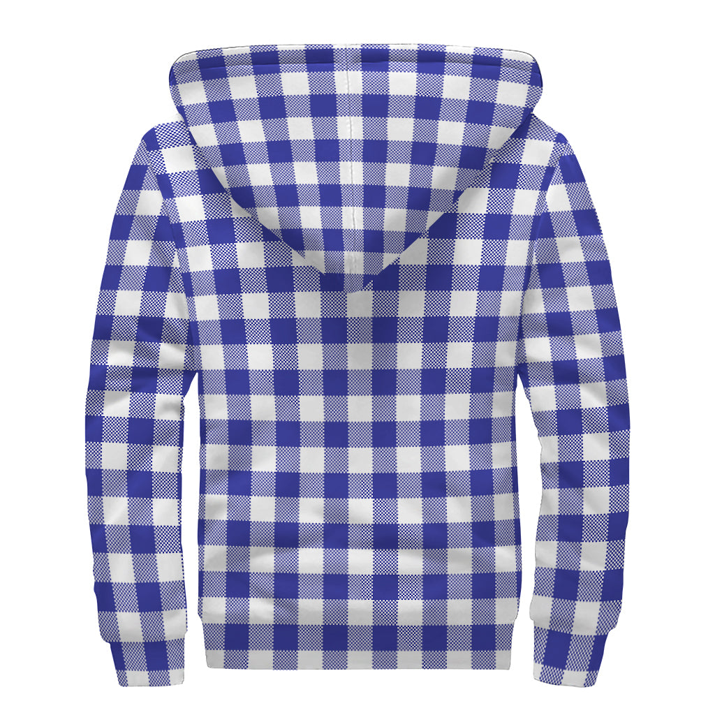 Indigo Blue And White Gingham Print Sherpa Lined Zip Up Hoodie