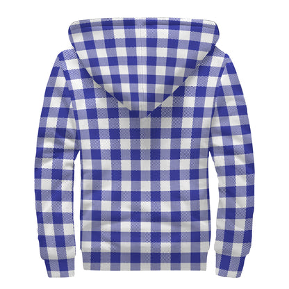 Indigo Blue And White Gingham Print Sherpa Lined Zip Up Hoodie