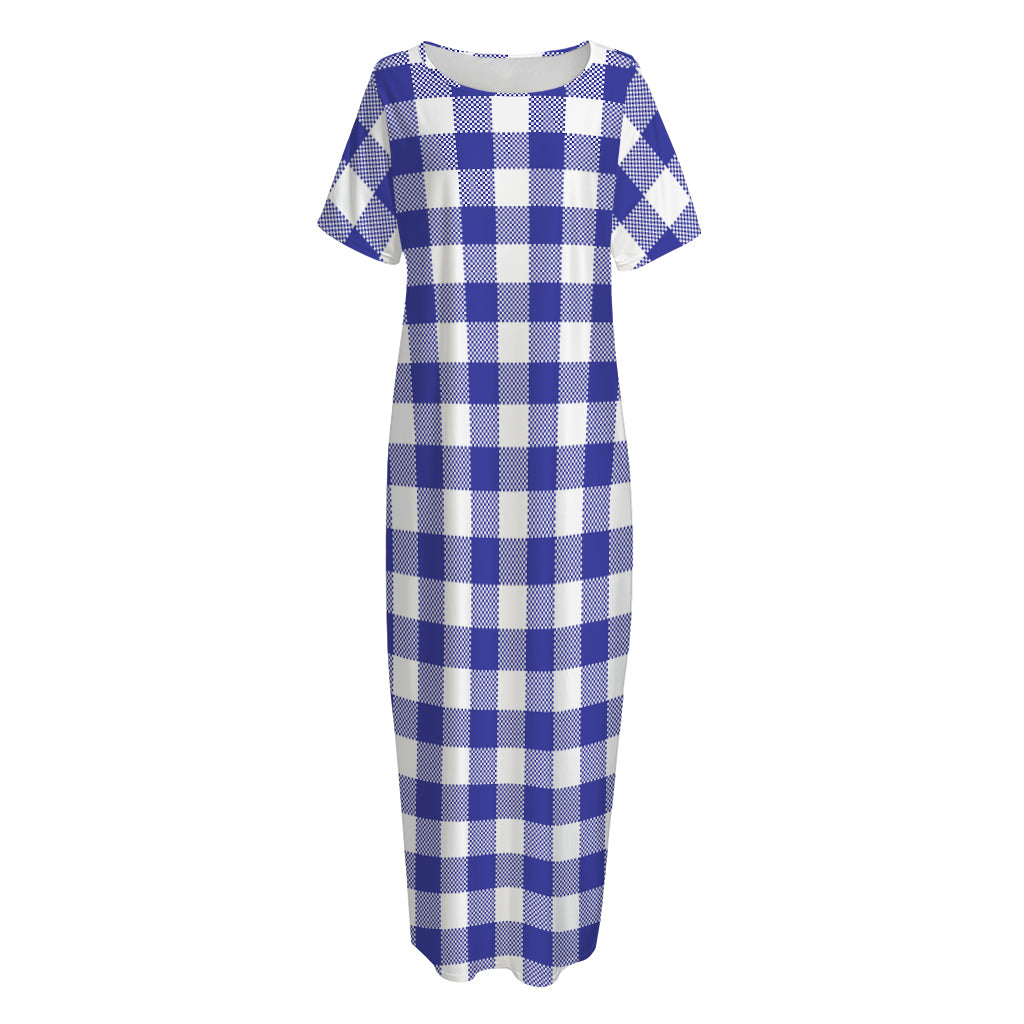 Indigo Blue And White Gingham Print Short Sleeve Long Nightdress