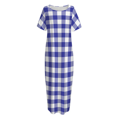 Indigo Blue And White Gingham Print Short Sleeve Long Nightdress