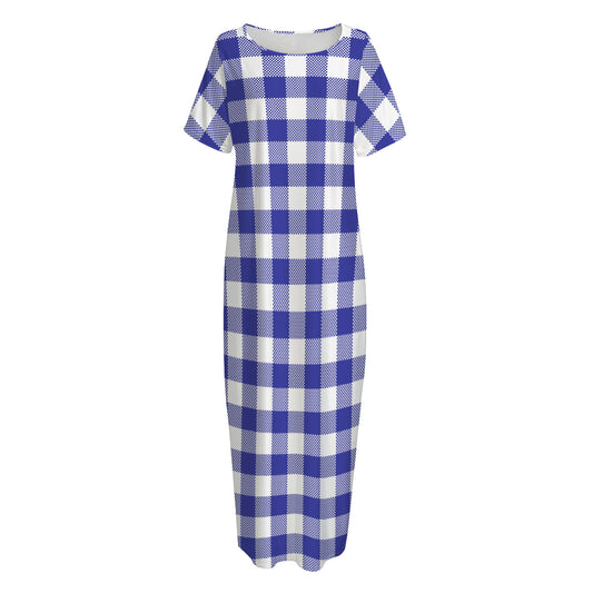 Indigo Blue And White Gingham Print Short Sleeve Long Nightdress