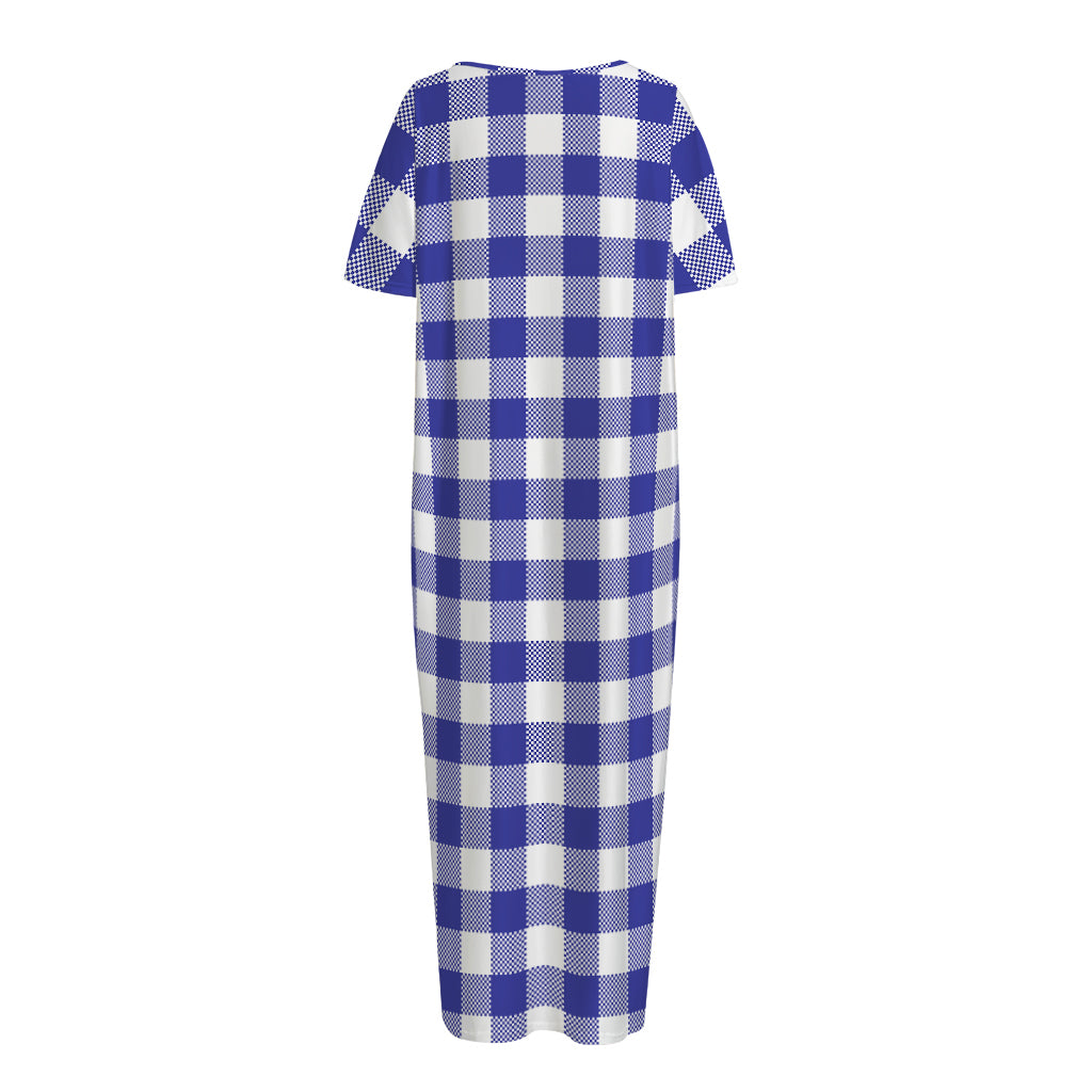Indigo Blue And White Gingham Print Short Sleeve Long Nightdress