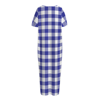 Indigo Blue And White Gingham Print Short Sleeve Long Nightdress