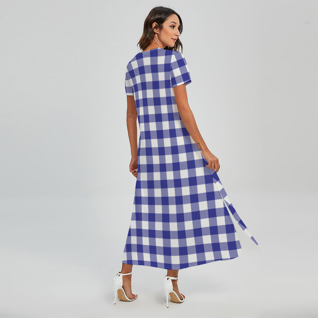 Indigo Blue And White Gingham Print Short Sleeve Maxi Dress