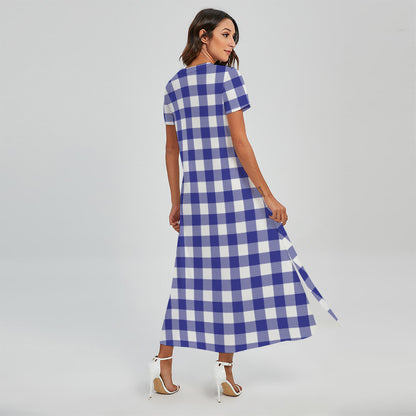 Indigo Blue And White Gingham Print Short Sleeve Maxi Dress