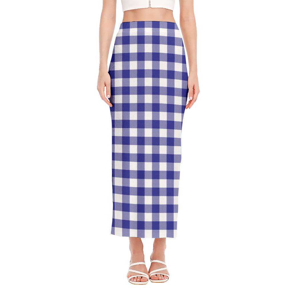 Indigo Blue And White Gingham Print Side Slit Maxi Skirt