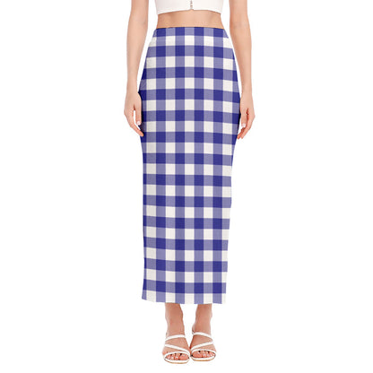 Indigo Blue And White Gingham Print Side Slit Maxi Skirt