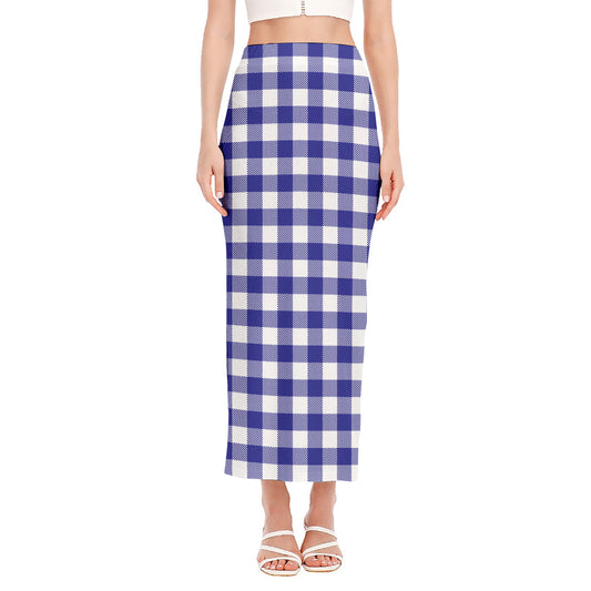 Indigo Blue And White Gingham Print Side Slit Maxi Skirt
