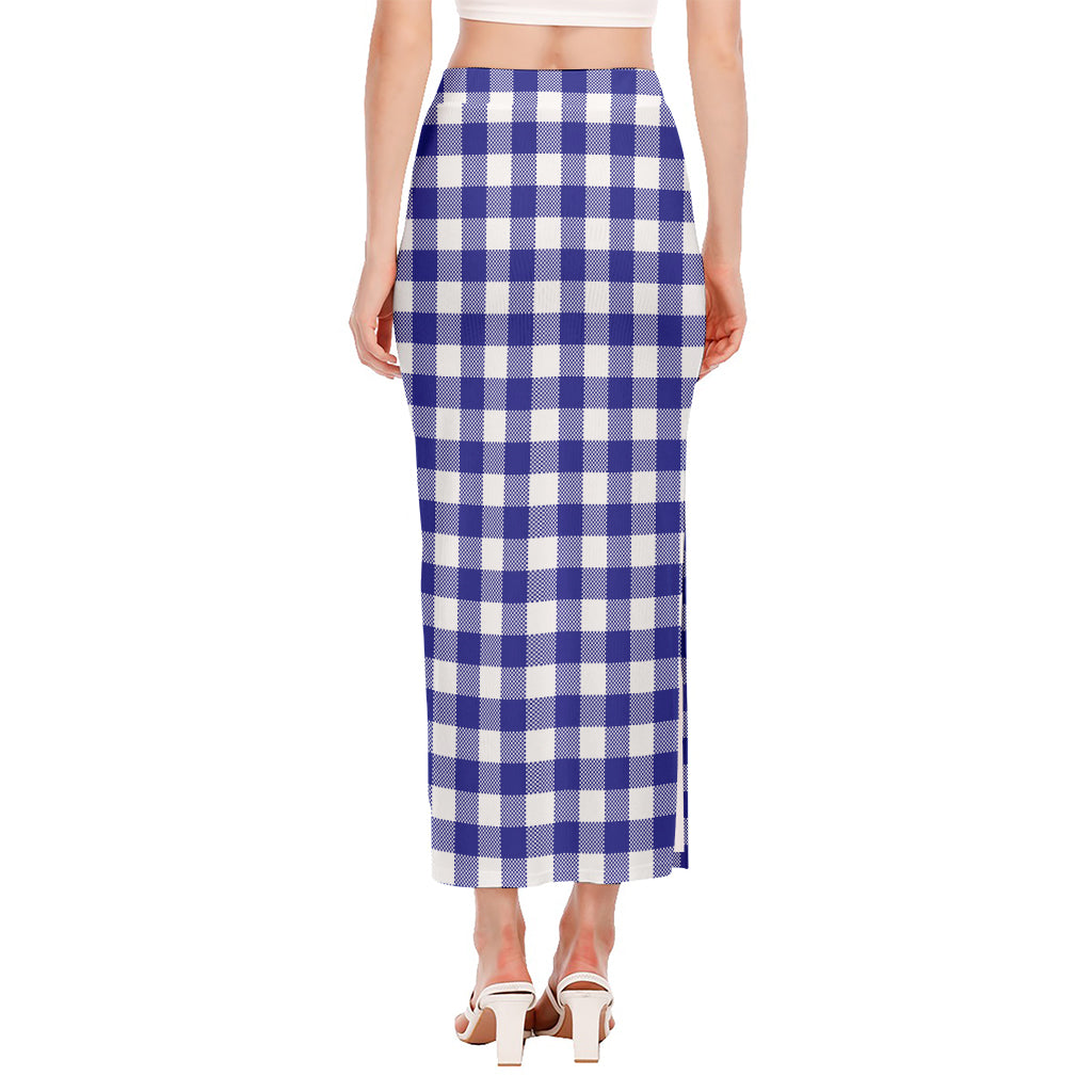 Indigo Blue And White Gingham Print Side Slit Maxi Skirt
