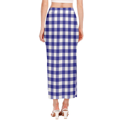 Indigo Blue And White Gingham Print Side Slit Maxi Skirt