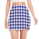 Indigo Blue And White Gingham Print Side Slit Mini Skirt