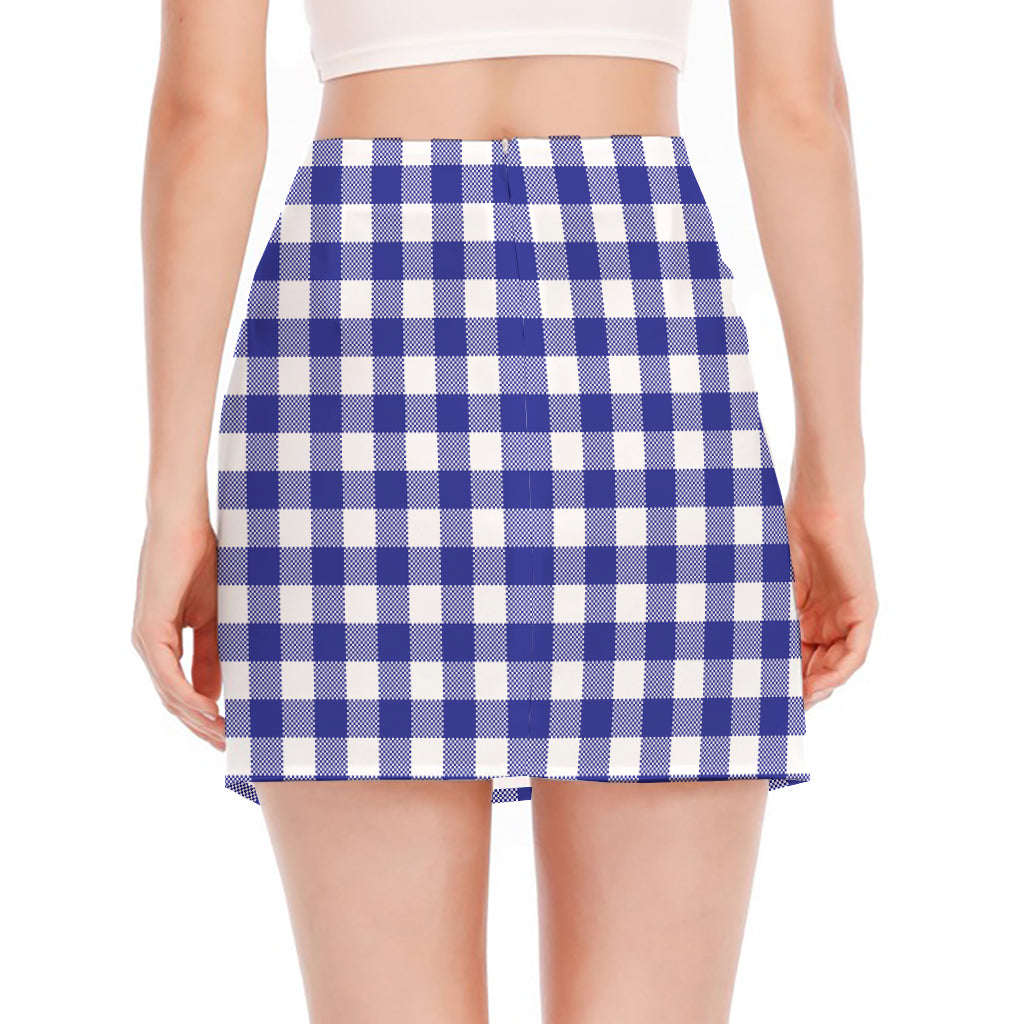 Indigo Blue And White Gingham Print Side Slit Mini Skirt