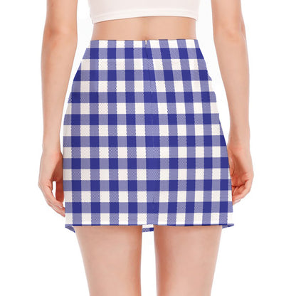 Indigo Blue And White Gingham Print Side Slit Mini Skirt
