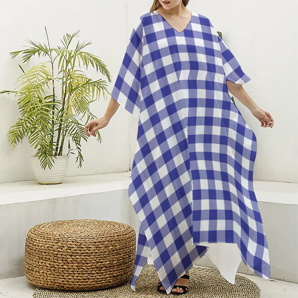 Indigo Blue And White Gingham Print Silk V-Neck Kaftan Dress