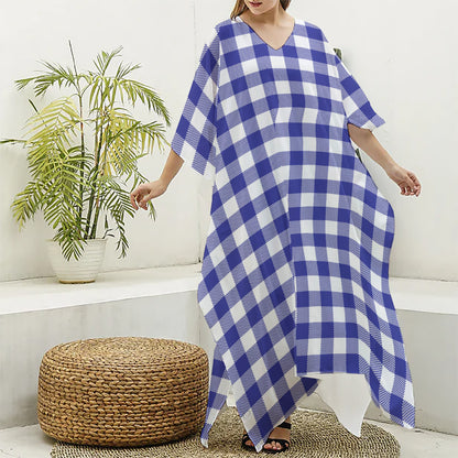 Indigo Blue And White Gingham Print Silk V-Neck Kaftan Dress