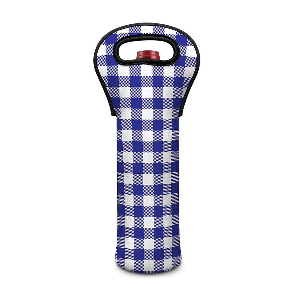 Indigo Blue And White Gingham Print Single Neoprene Wine Tote