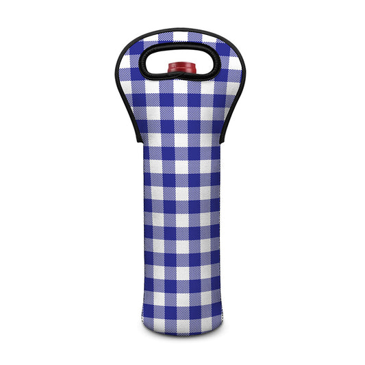 Indigo Blue And White Gingham Print Single Neoprene Wine Tote