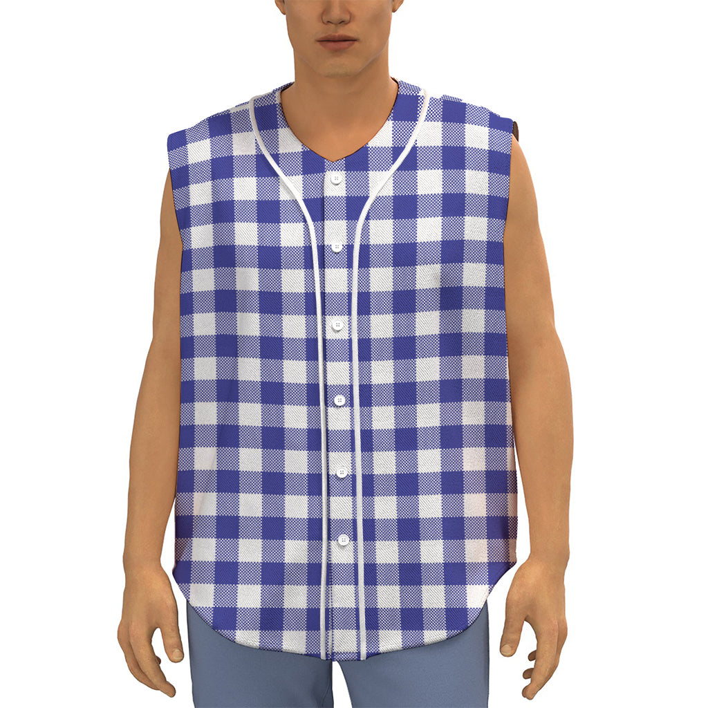 Indigo Blue And White Gingham Print Sleeveless Baseball Jersey