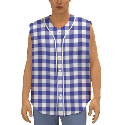 Indigo Blue And White Gingham Print Sleeveless Baseball Jersey