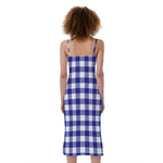 Indigo Blue And White Gingham Print Slim Fit Midi Cami Dress