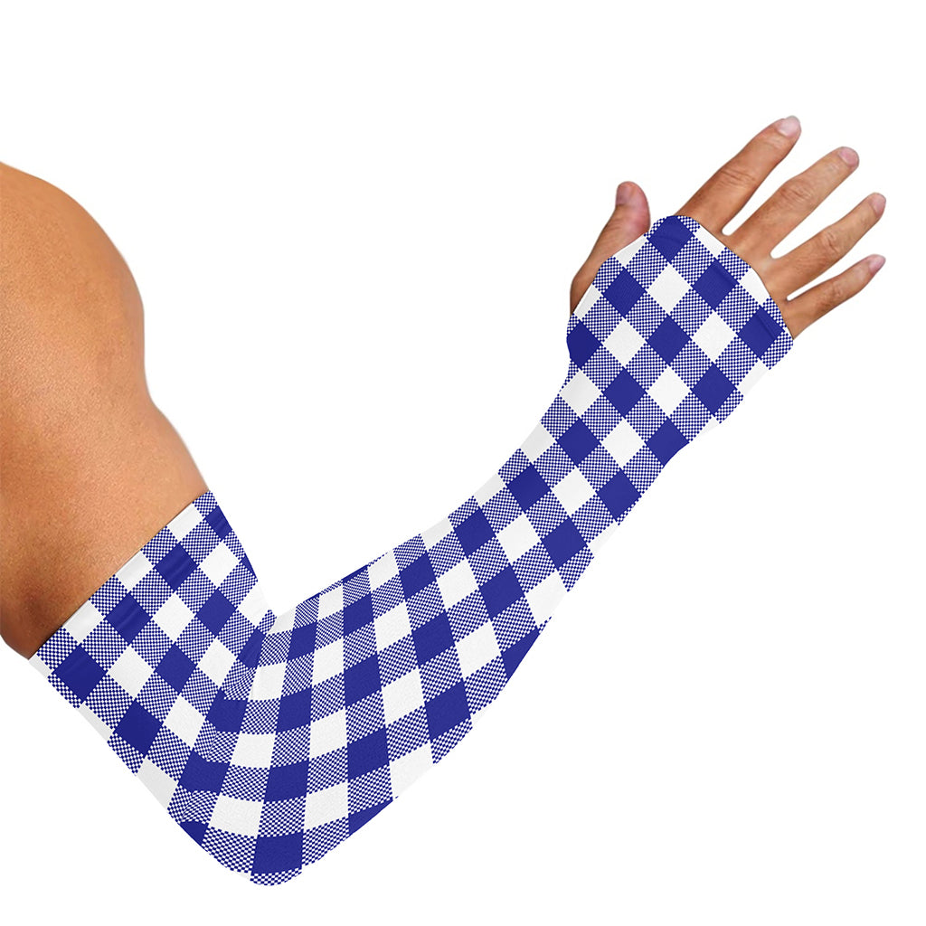 Indigo Blue And White Gingham Print Sun Protection Arm Sleeves