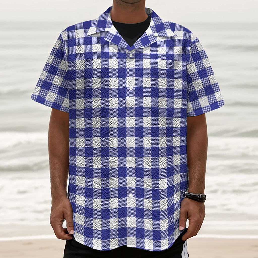 Indigo Blue And White Gingham Print Textured Short Sleeve Shirt