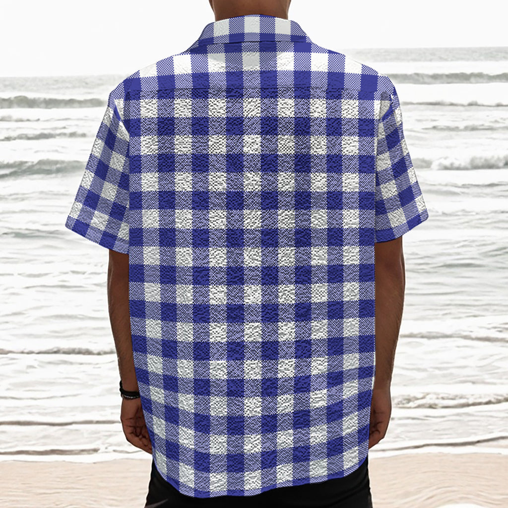 Indigo Blue And White Gingham Print Textured Short Sleeve Shirt
