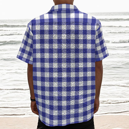 Indigo Blue And White Gingham Print Textured Short Sleeve Shirt