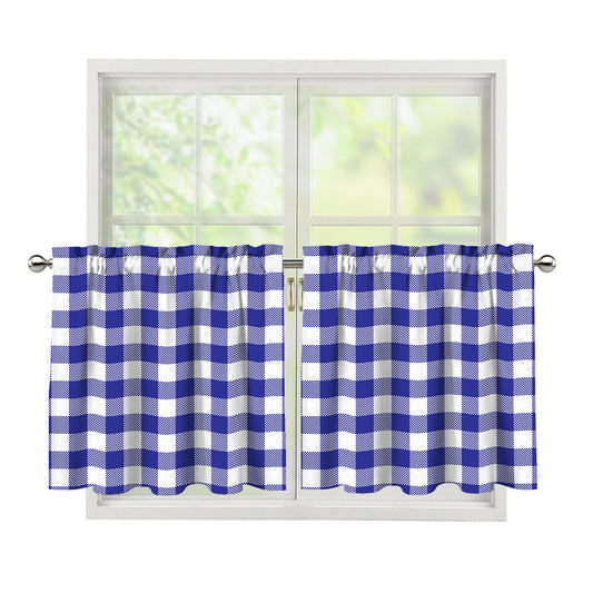 Indigo Blue And White Gingham Print Tier Curtains