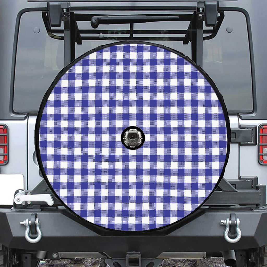 Indigo Blue And White Gingham Print Tire Cover With Camera Hole