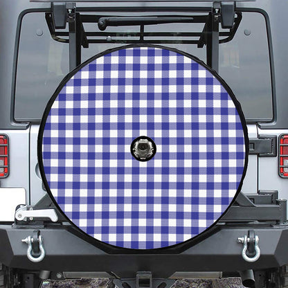 Indigo Blue And White Gingham Print Tire Cover With Camera Hole