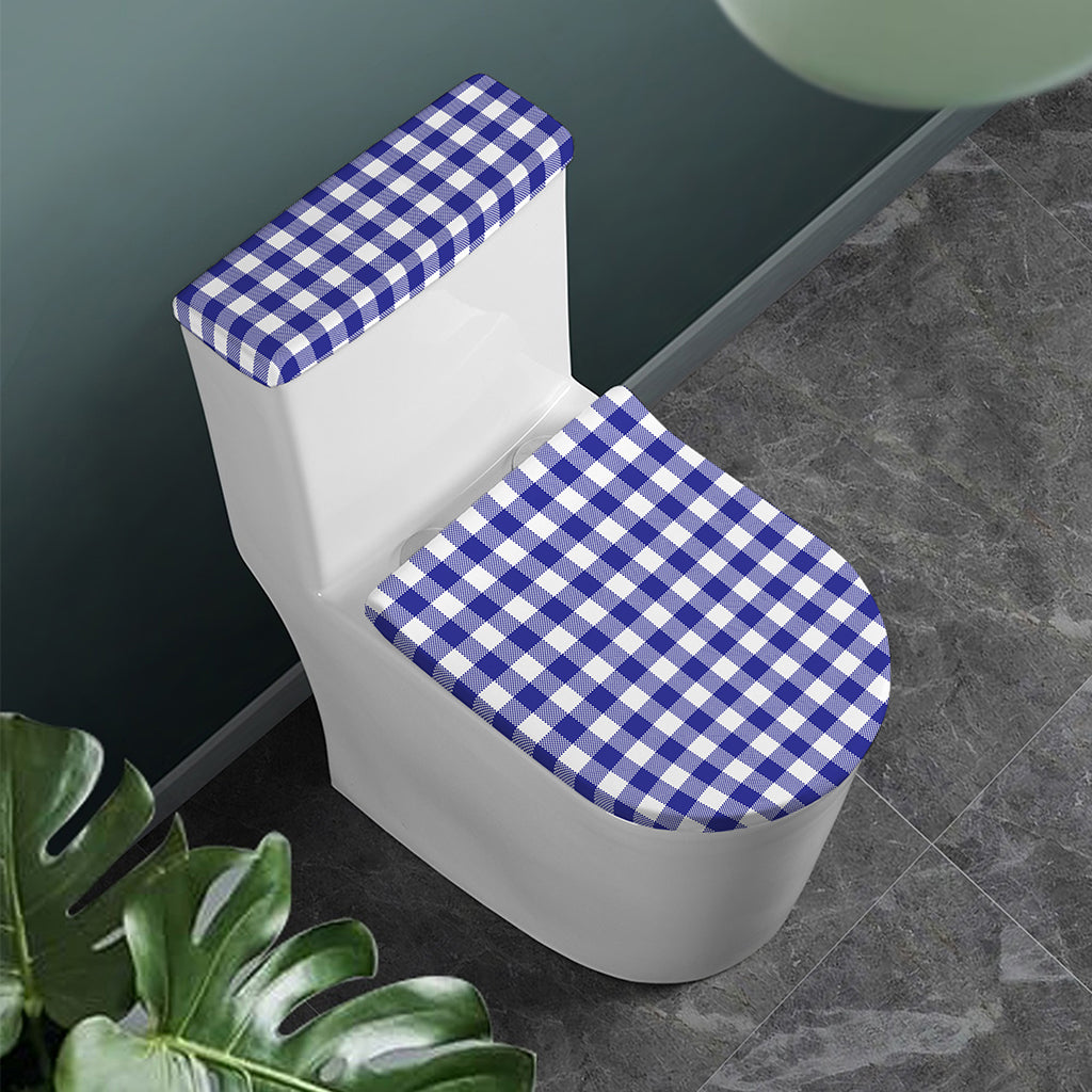 Indigo Blue And White Gingham Print Toilet Lid And Tank Cover Set