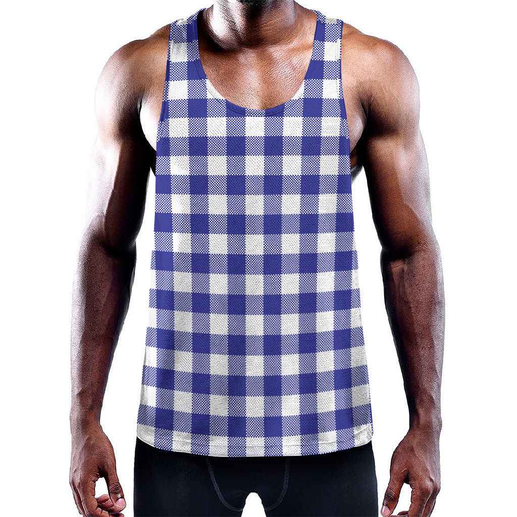 Indigo Blue And White Gingham Print Training Tank Top