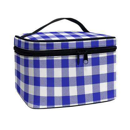 Indigo Blue And White Gingham Print Travel Makeup Bag
