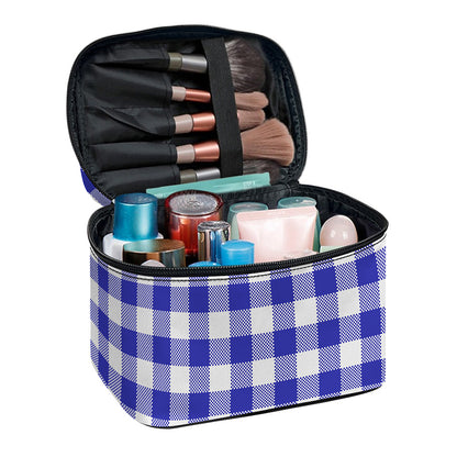Indigo Blue And White Gingham Print Travel Makeup Bag