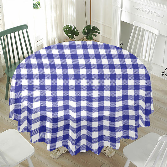 Indigo Blue And White Gingham Print Waterproof Round Tablecloth