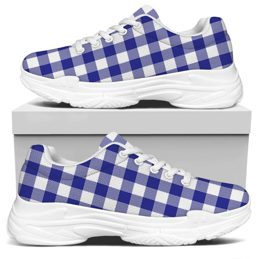 Indigo Blue And White Gingham Print White Chunky Shoes